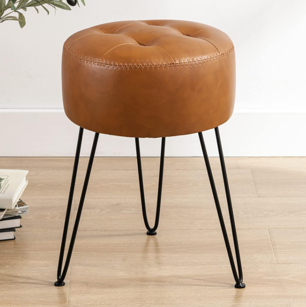 Brown Faux Leather Tufted Vanity Stool (Modern Luxe Style)